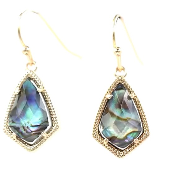 14k gold plated Blue Green Abalone faceted dangle teardrop earrings - Picture 2 of 2